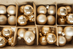 Gold ornaments in boxes