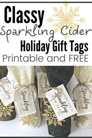 Sparkling cider bottles wrapped in cloth bag and gift tags